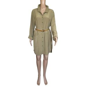 Flax Sage Green Crinkle Textured Long Sleeve Shirt Dress Tunic Top Size S
